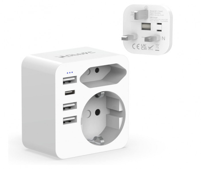 Adaptor UK Hoppac, Adaptor 6 in 1, 3 USB, 1 USB-C - RESIGILAT