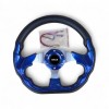 Volan auto sport ergonomic 33cm, rotund tesit, negru cu insertii albastru metalic. Confort si rezistenta, prindere 6 puncte, accesorii incluse.