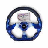 Volan auto sport ergonomic 33cm, rotund tesit, negru cu insertii albastru metalic. Confort si rezistenta, prindere 6 puncte, accesorii incluse.