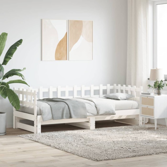 Pat de zi extensibil, alb, 2x(80x200) cm, lemn masiv de pin