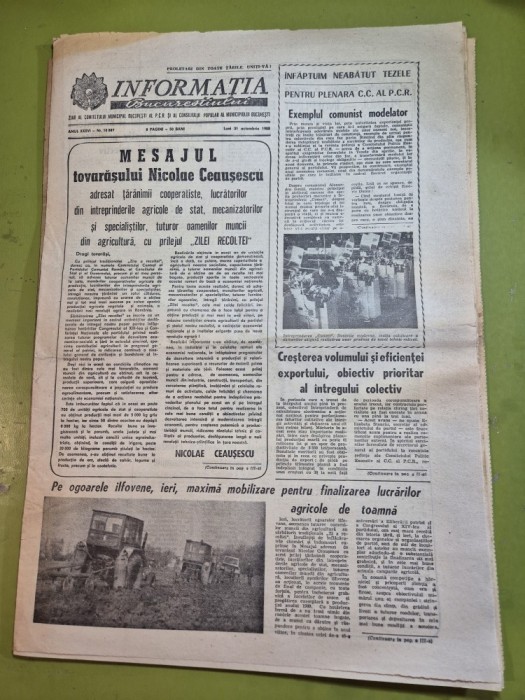 ziarul informatia bucurestiului 31 octombrie 1988 - mesajul lui ceusescu adresat taranimii cooperatiste