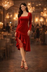 Rochie dama rosie din catifea cu volane si dantela