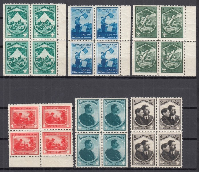 ROMANIA 1932 LP 98 JAMBOREEA NATIONALA SIBIU SERIA IN BLOC DE 4 TIMBRE STARE MNH