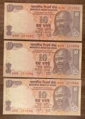 B11 28 - Bancnota foarte veche - India - 10 rupii - 2008 - trei bancnote serii consecutive