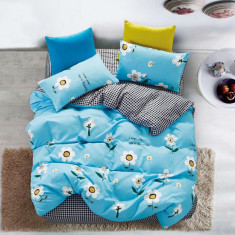 Lenjerie de pat pentru o persoana cu husa elastic pat si 2 fete perna dreptunghiulara, Fiorenza, bumbac mercerizat, multicolor