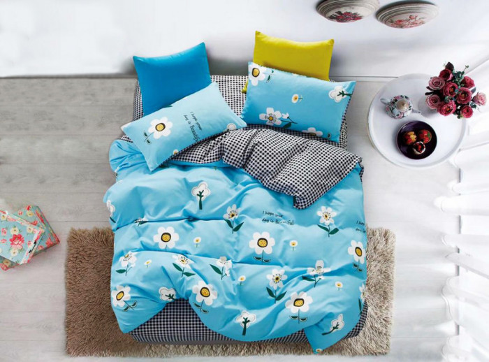 Lenjerie de pat pentru o persoana cu husa elastic pat si 2 fete perna patrata, Fiorenza, bumbac mercerizat, multicolor