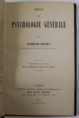 ESSAI DE PSYCHOLOGIE GENERALE par CHARLES RICHET , 1898 foto
