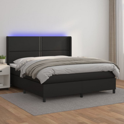vidaXL Pat cu arcuri, saltea și LED, negru, 160x200cm, piele ecologică 3139331 foto