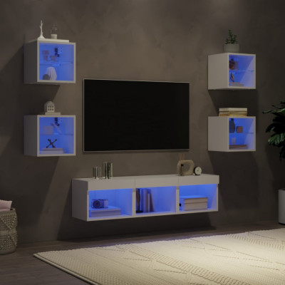 Unitati de perete TV cu LED-uri, 7 piese, alb, lemn prelucrat foto