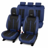 Huse auto premium 5 locuri Carguard Deluxe piele ecologică perforată - albastru inchis - negru