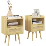 HOMCOM Set de 2 noptiere cu sertar efect răchită și spațiu deschis, 40 x 30 x 60 cm, efect lemn natural | Aosom Romania