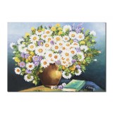 Tablou vaza cu margarete si carte pictat manual, 70x50cm ulei pe panza, gata de expus pe perete