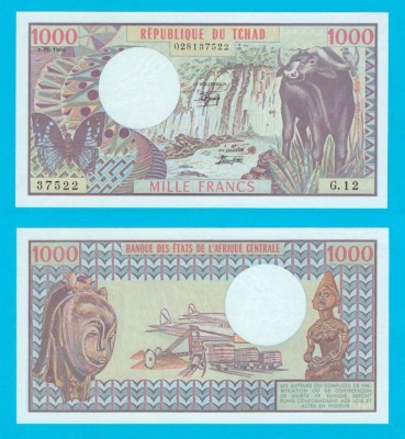Ciad (p#7) 1.000 Francs 1980 aUNC+ &amp;#039;Bivol&amp;#039; serie: G.12 37522 foto