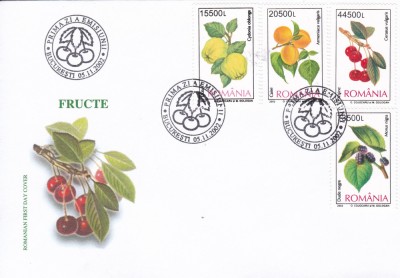 ROMANIA 2002 LP 1596 FRUCTE SERIE/PLIC PRIMA ZI A EMISIUNII foto