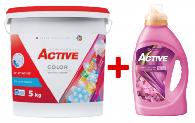 Detergent pudra pentru rufe colorate Active, galeata 5kg, 65 spalari + Balsam de rufe Active Happy Day, 1.5 litri, 60 spalari foto