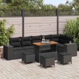 Cumpara ieftin Set de mobilier pentru grădină din 10 piese cu perne, ratan poly negru și acacia.