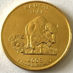 AMERICA QUARTER 1/4 DOLLAR 2005 LITERA D.(Animalul de stat, bivolul - KANSAS)
