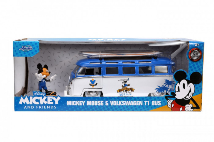 Jada masina din metal volkswagen t1 bus scara 1 la 24 si figurina mickey mouse