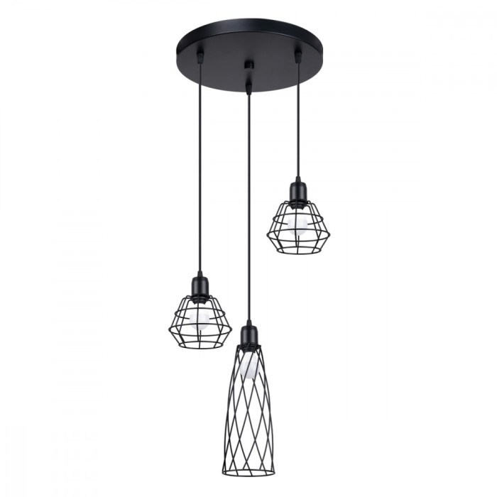 Lampă Suspendată Suba Negru Oțel 3 Becuri Coș Geometric Industrial De Interior