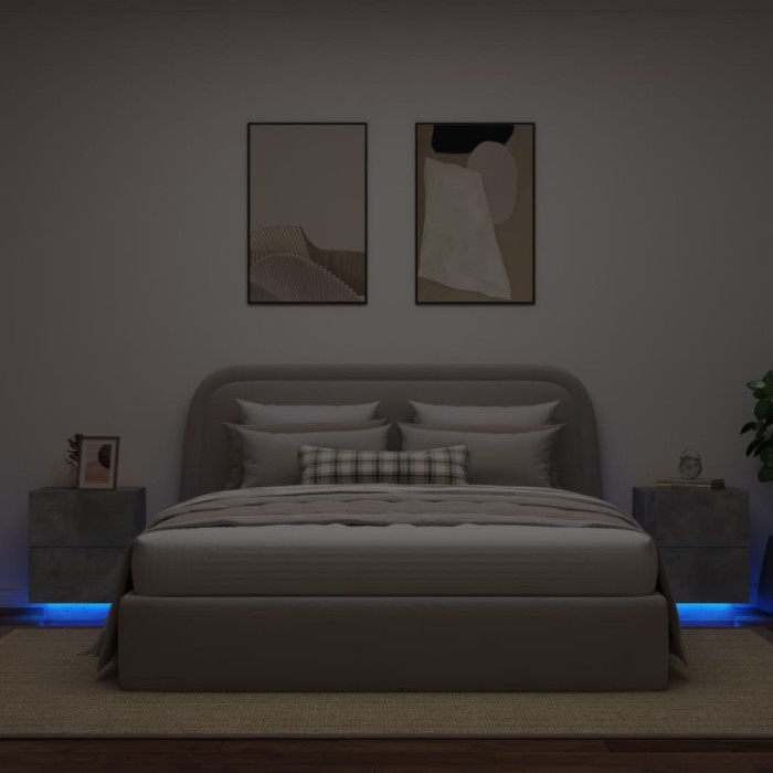 vidaXL Noptiere cu lumini LED, 2 buc., gri beton, lemn prelucrat 836742
