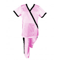 Costum Medical Pe Stil, Roz cu Elastan cu Garnitură neagra si pantaloni cu dungă neagra, Model Marinela - XS, 2XL