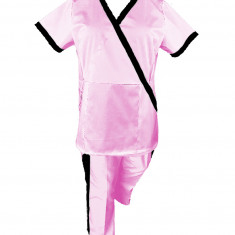 Costum Medical Pe Stil, Roz cu Elastan cu Garnitură neagra si pantaloni cu dungă neagra, Model Marinela - M, M