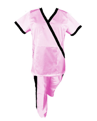 Costum Medical Pe Stil, Roz cu Elastan cu Garnitură neagra si pantaloni cu dungă neagra, Model Marinela - L, 3XL foto