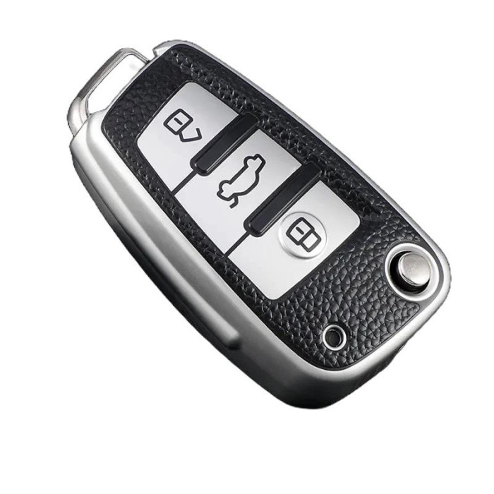 Husa Cheie Briceag Audi, 3 Butoane, Tpu, Aspect Piele, Silver AutoProtect KeyCars