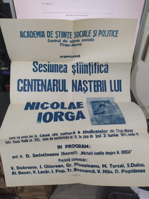 Afiș Centenarul Nașterii lui Nicolae Iorga T&amp;acirc;rgu Mureș D. Sm&amp;acirc;nt&amp;acirc;nescu 1971 056 foto