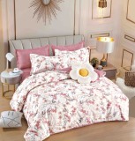 Cumpara ieftin Lenjerie pat dublu,bumbac finet,6 piese,cearceaf cu elastic,alba roz pudra cu floricele-A1477