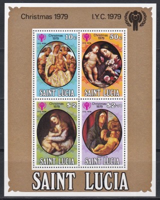 St. Lucia 1980 - Crăciun - Anul Internațional al Copilului - Picturi de Titian, Bellini, s.a., Colita, MNH foto