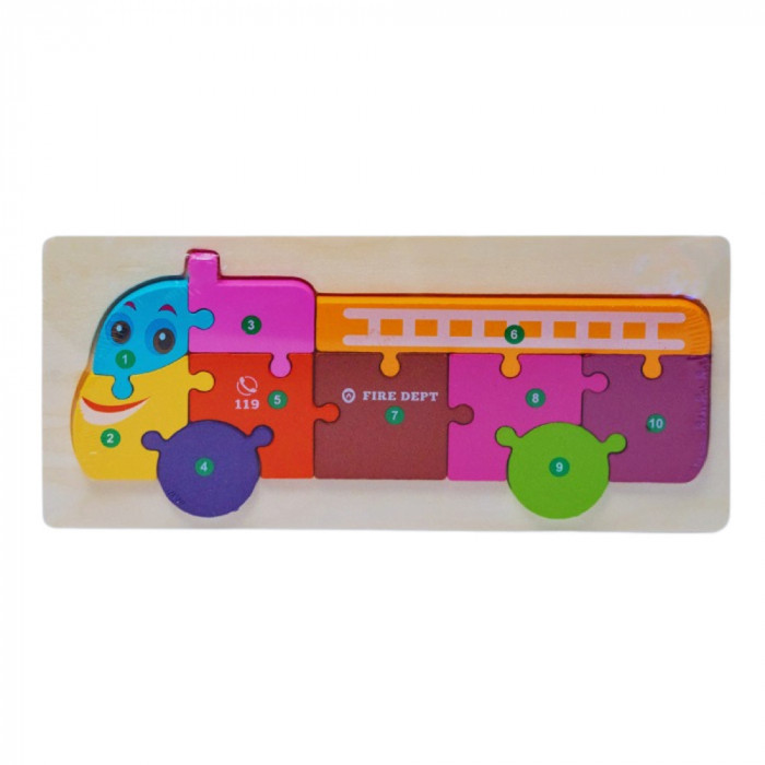 Puzzle 3D educativ incastru Montessori numerotat cu masina de pompieri, Onore, multicolor, lemn, 30