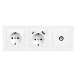 Set Priză Modulară Leziter Alb: TV, USB-A/C, &Icirc;mpăm&acirc;ntare, Cadru Orizontal Triplu (16A, 250V, IP20)
