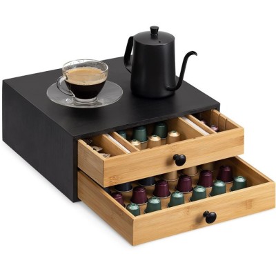 Suport capsule cafea din bambus Navaris cu 2 sertare, maro/negru, 58292.01 foto
