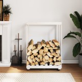 Cumpara ieftin Suport de bușteni cu roți, alb, 76,5x40x108 cm, lemn masiv pin