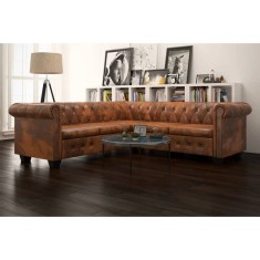 vidaXL Canapea colțar Chesterfield, 5 locuri, maro, piele ecologică