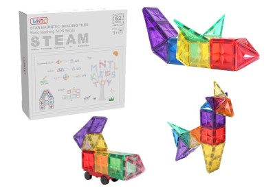 Set de constructie magnetic, 62 piese, Magnetic Tiles, Multicolore de forme geometrice diferite, 2D, 3D foto