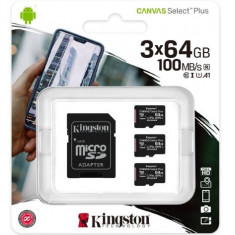 Card memorie microSDXC Kingston Canvas Select Plus, 64 GB, Clasa 10, V10, UHS-I U1, Pachet 3x buc. + Adaptor