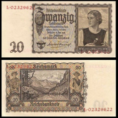 GERMANIA █ bancnota █ 20 Reichsmark █ 1939 █ P-185 Ro. 178a █ UNC █ necirculata