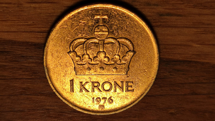 Norvegia - moneda de colectie deosebita - 1 krone 1976 - placata/poleira cu aur