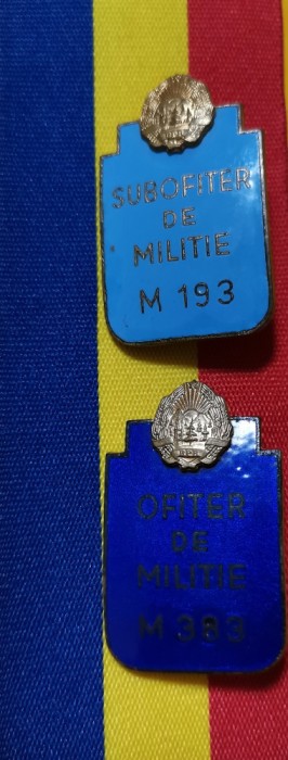 SV * LOT 2 Insigne Miliție RPR * SUBOFITER POLIȚIE ( RARA ! ) si OFITER POLIȚIE