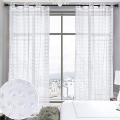 stan Perdele transparente cu pompon alb, cu ochiuri, perdele pentru fereastra cu ciucuri, draperii semi-voil Panou cu ochiuri L 55 x H 69 inch 2 panou foto