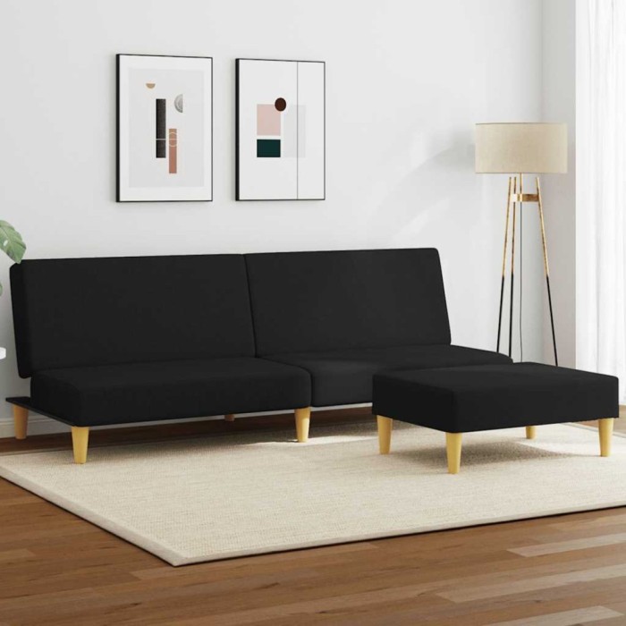 vidaXL Canapea extensibilă cu taburet, 2 locuri, negru, textil 3216226