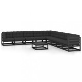 vidaXL Set mobilier grădină cu perne, 10 piese, negru, lemn masiv pin 3076903