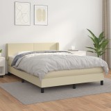 vidaXL Pat box spring cu saltea, crem, 140x190 cm, piele ecologică 3130657