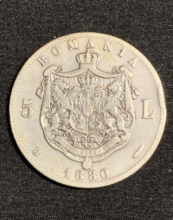 Moneda 5 lei 1880 numele gravorului sub gat