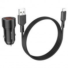 Set incarcator auto Borofone BZ-19, 12W, 2xUSB, cu cablu USB la tip lightning de 1M, negru