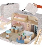 Casa de papusi in valiza cu mobilier din lemn