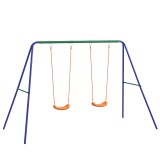 Outsunny Set de leagan pentru copii, Cadru metalic de leagan pentru exterior cu scaune duble de leagan, tarusi de sol
