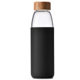 Sticla pentru apa sau lichide din material borosilicat cu protectie din silicon si capac etans din bambus, 550 ml, negru